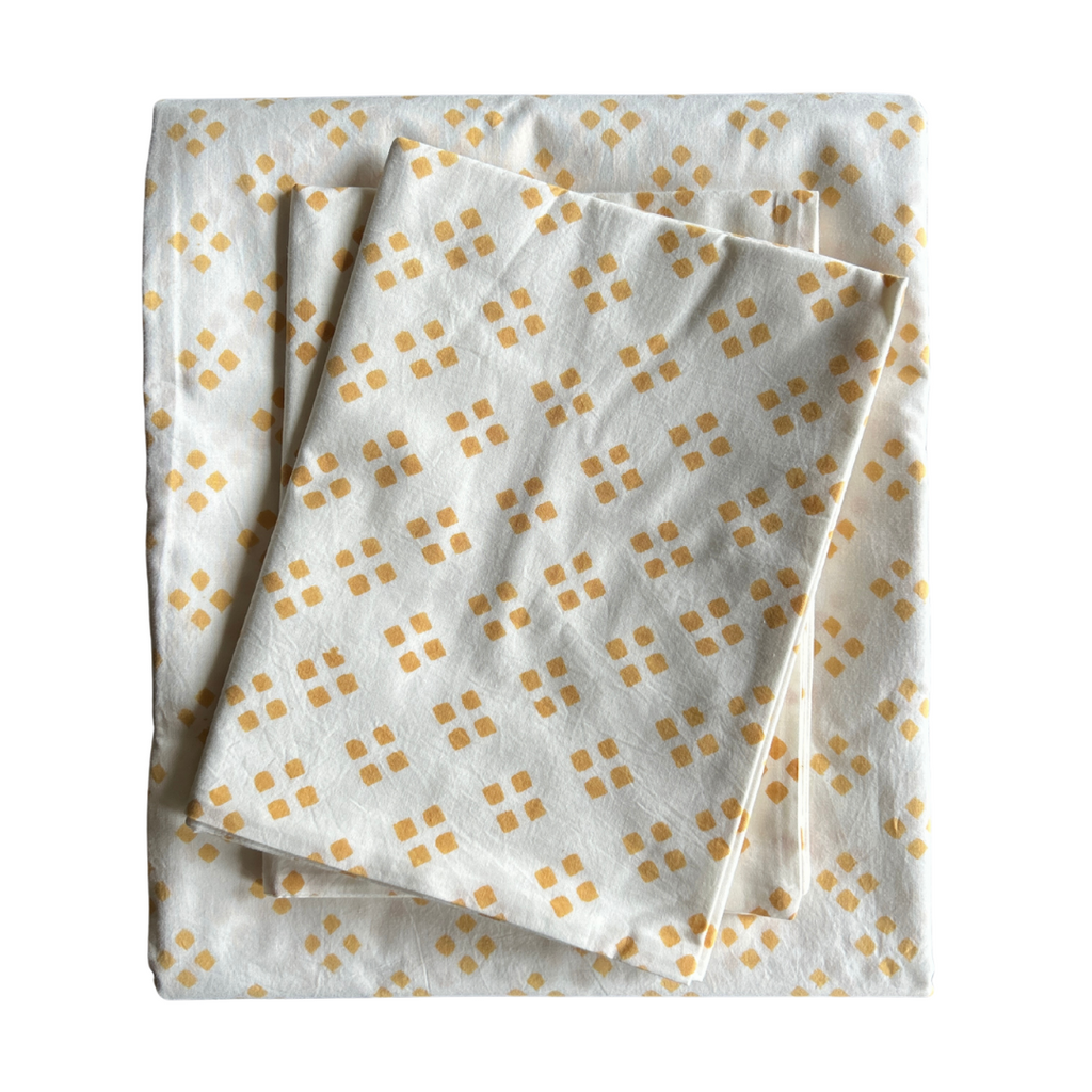 Block Print Cotton Percale Sheet Set - Yellow / Squares  (Two Sizes Available)
