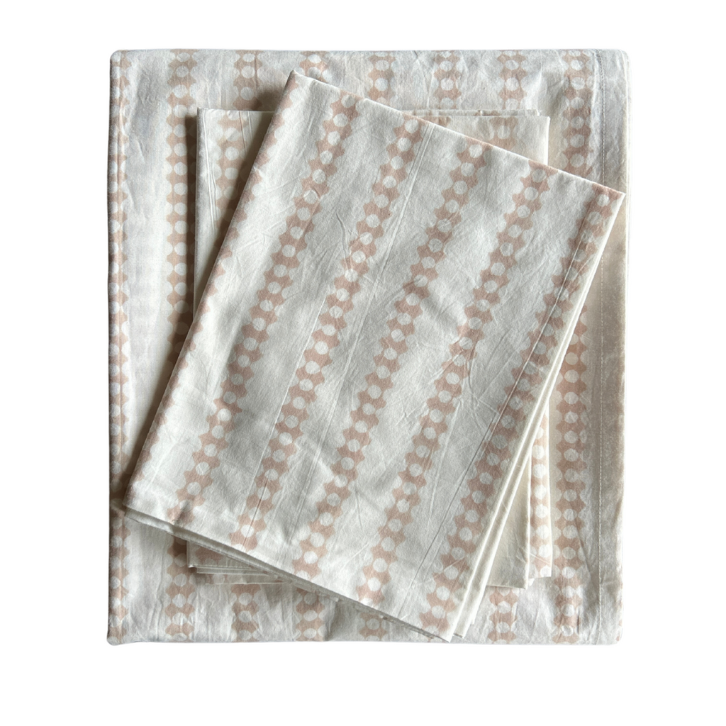 Block Print Cotton Percale Sheet Set - Beige / Chain  (Two Sizes Available)