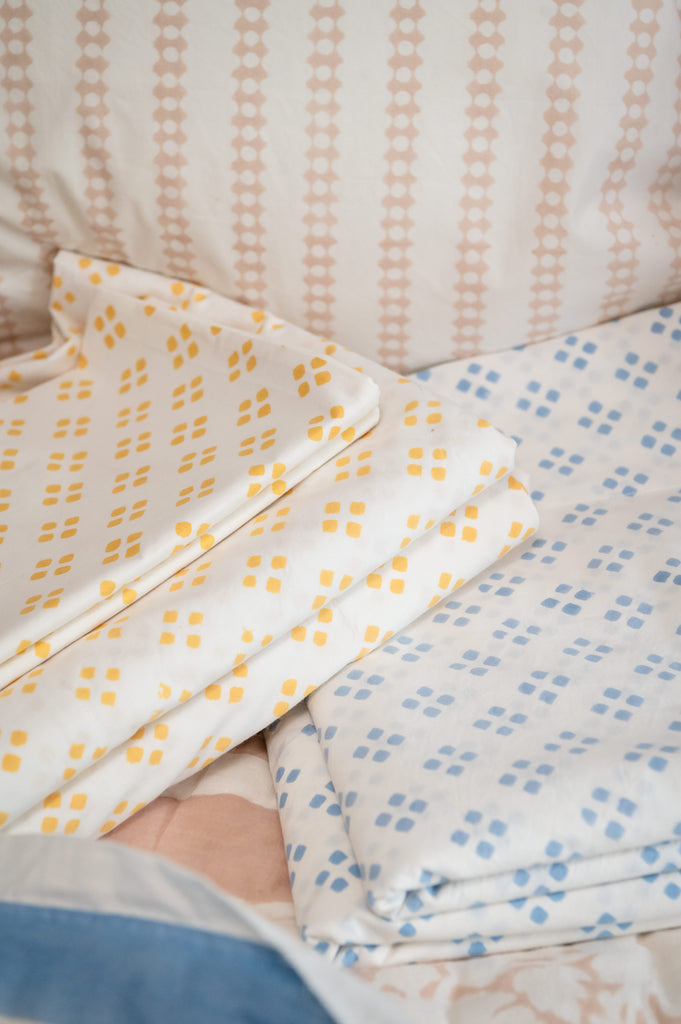 Block Print Cotton Percale Sheet Set - Yellow / Squares  (Two Sizes Available)