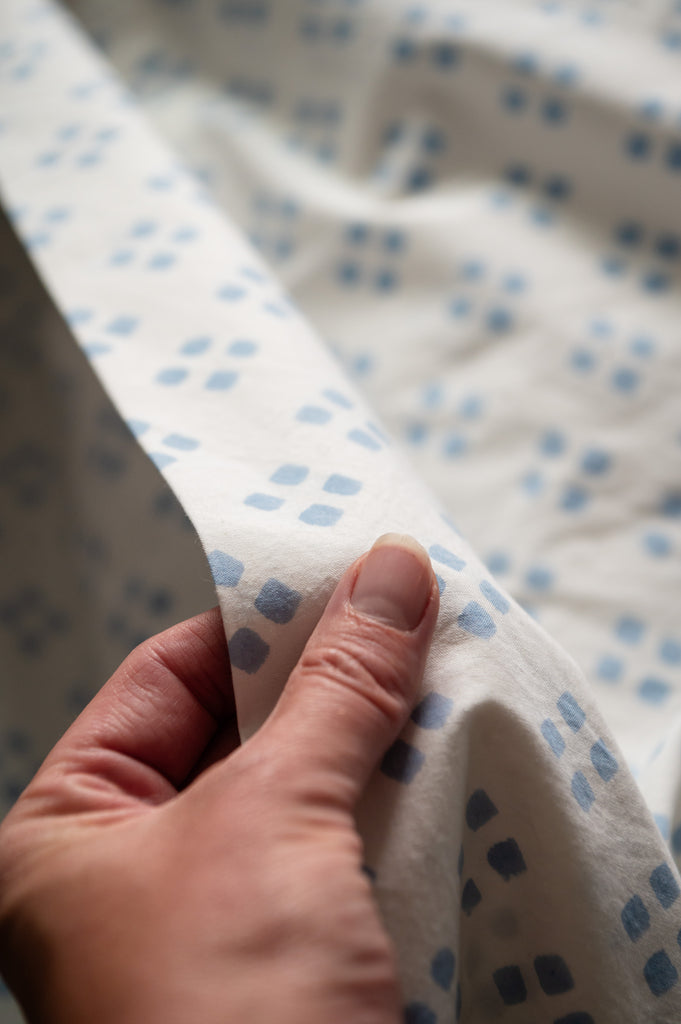 Block Print Cotton Percale Sheet Set - Blue / Squares  (Two Sizes Available)