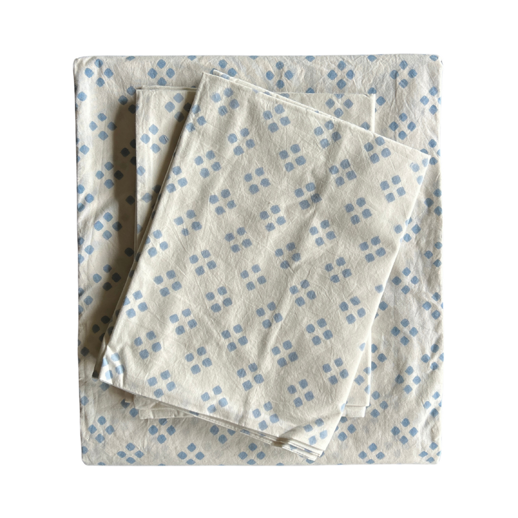 Block Print Cotton Percale Sheet Set - Blue / Squares  (Two Sizes Available)