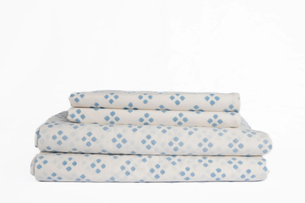 Block Print Cotton Percale Sheet Set - Blue / Squares  (Two Sizes Available)