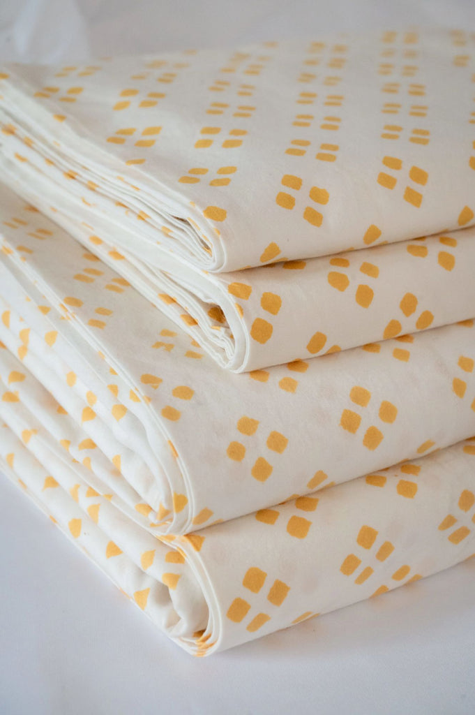 Block Print Cotton Percale Sheet Set - Yellow / Squares  (Two Sizes Available)