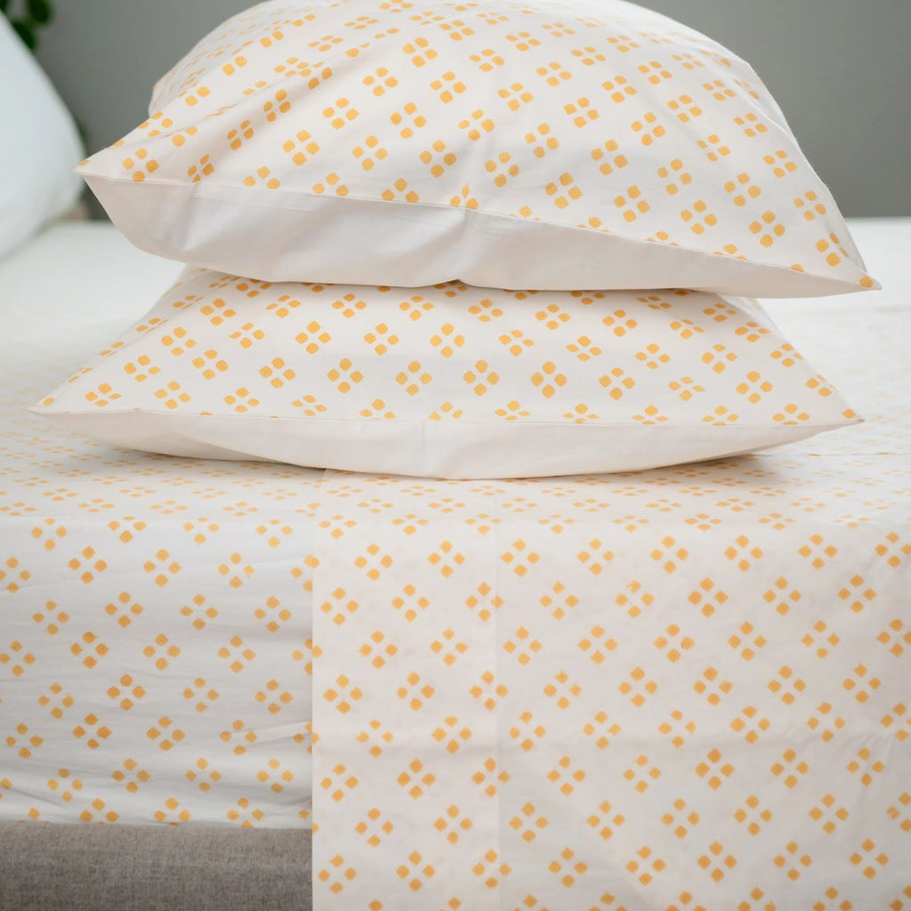 Block Print Cotton Percale Sheet Set - Yellow / Squares  (Two Sizes Available)