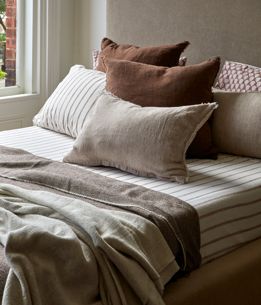 Cotton Percale Leaf Stripe Sheet Set -  Mocha (Two Sizes Available)