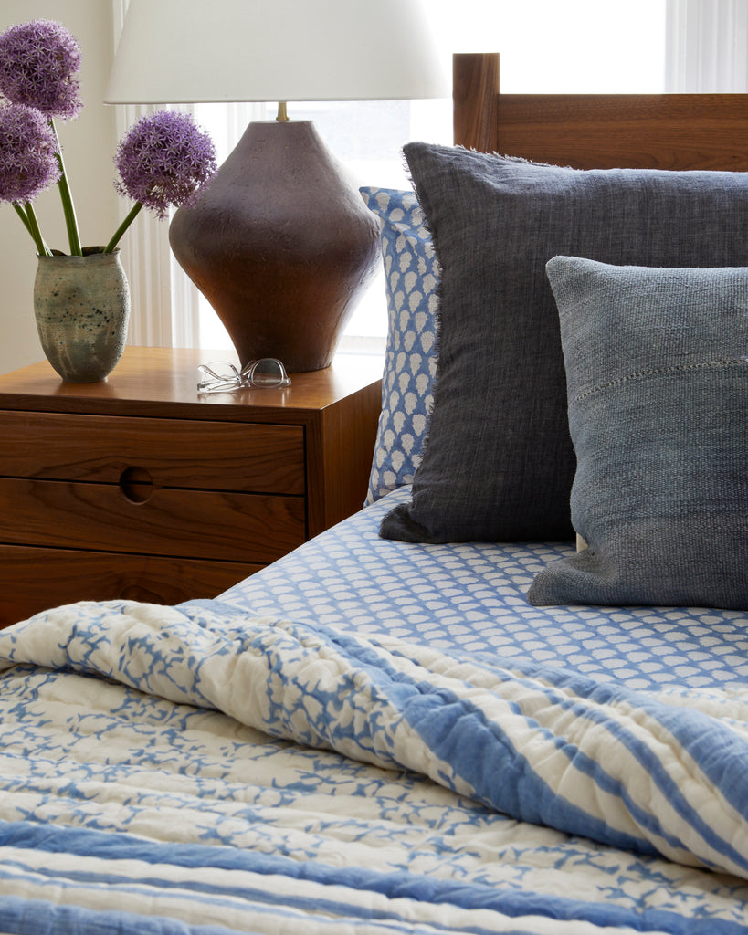 Block Print Peony Quilt -  Light Blue (Two Sizes Available)