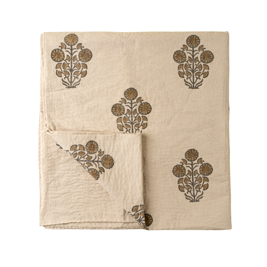 Senna Block Print Kantha Bed Blanket