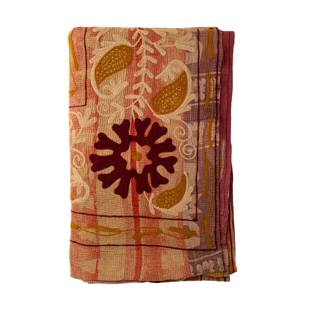 Vintage Embroidered Kantha Throw - Pink