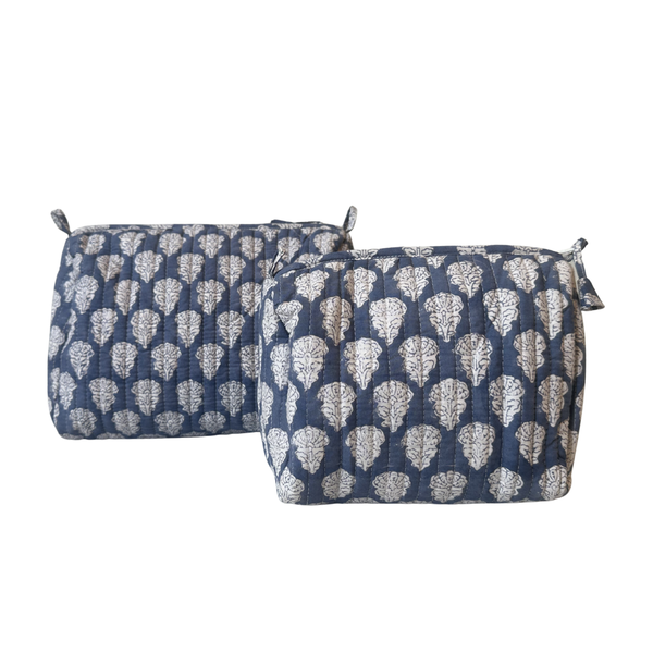 Block Print Pouch - Dark Blue Floral (Two Sizes Available)
