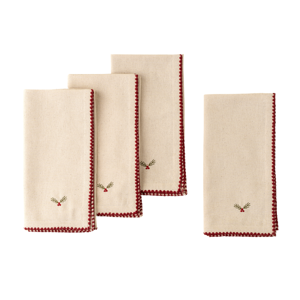 Set of 4 Holly Embroidered Napkins