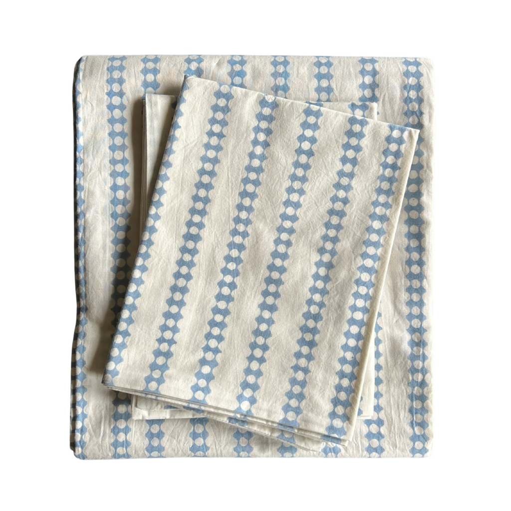 Block Print Cotton Percale Sheet Set - Blue / Chain  (Two Sizes Available)