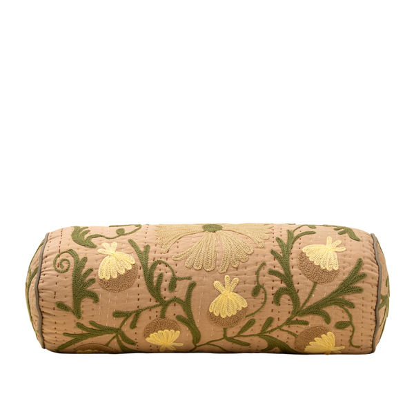 Suzani Embroidered Kantha Bolster Pillow - Beige