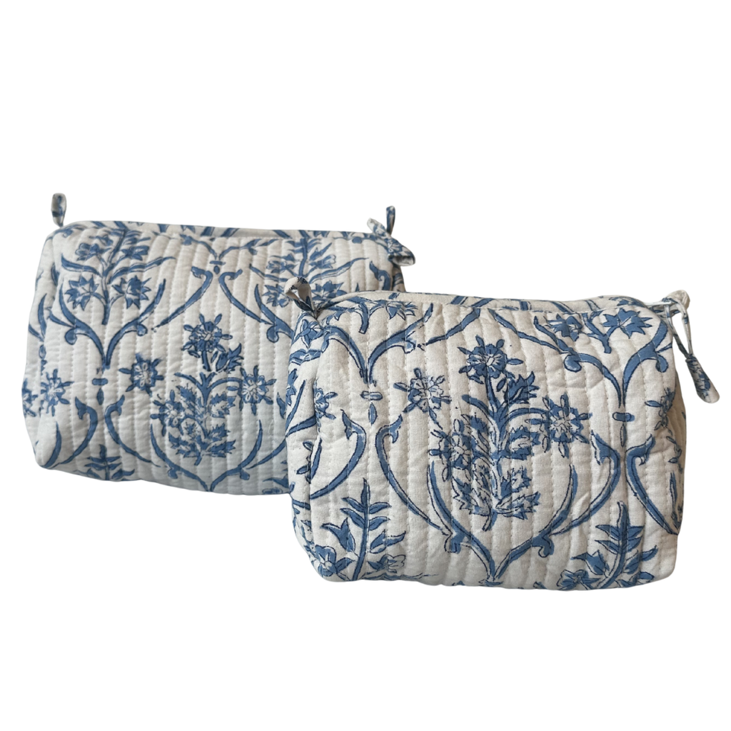 Block Print Pouch - Light Blue Floral (Two Sizes Available)