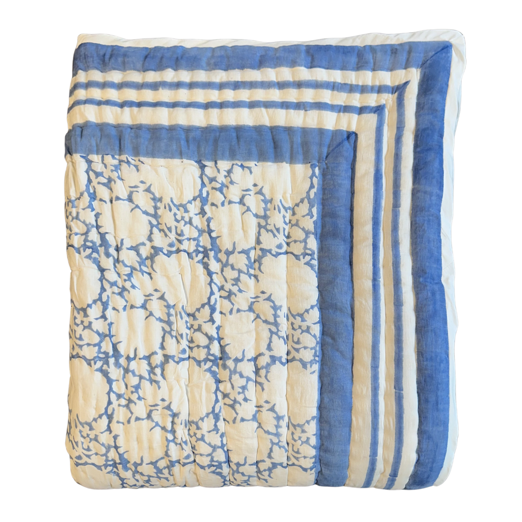 Block Print Peony Quilt -  Light Blue (Two Sizes Available)