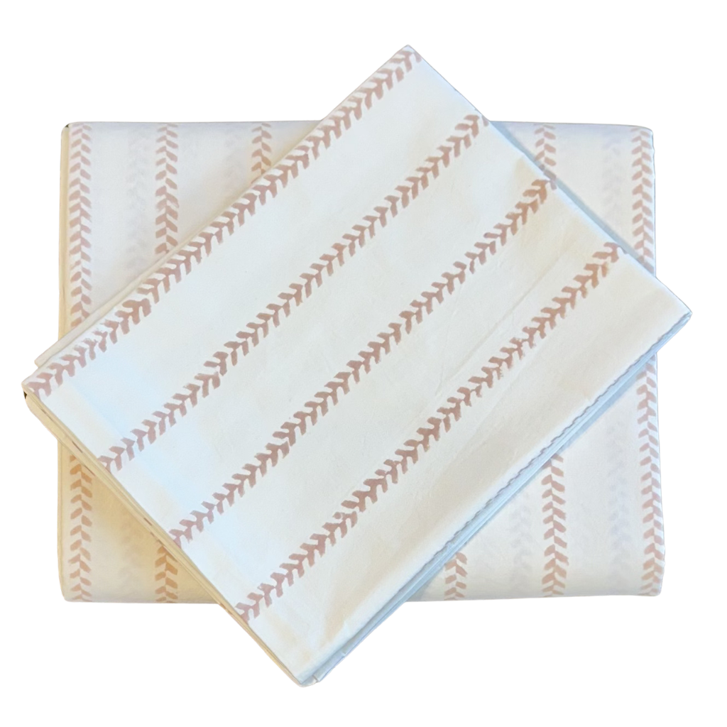 Cotton Percale Leaf Stripe Sheet Set -  Plaster (Two Sizes Available)