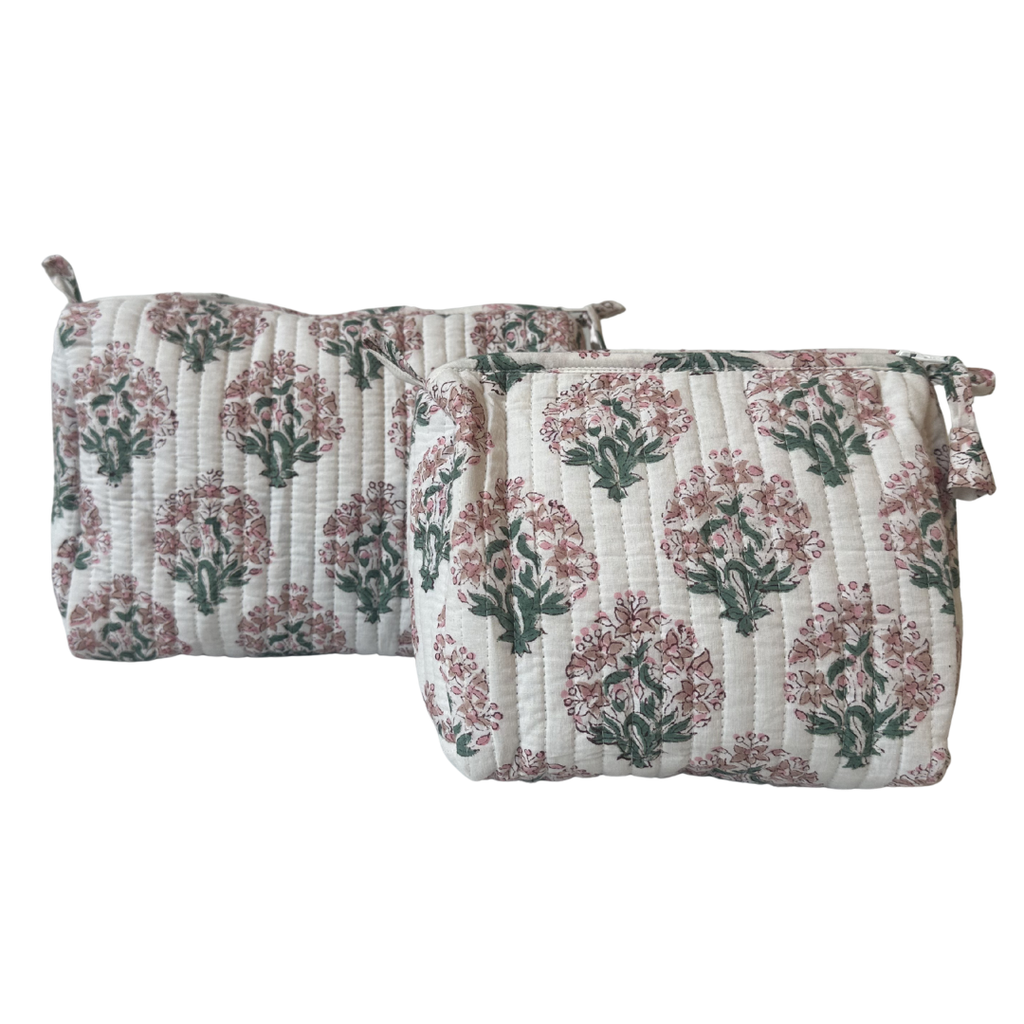 Block Print Pouch - Pink Floral (Two Sizes Available)