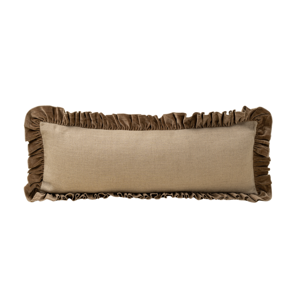 Velvet Ruffle Linen Bolster Pillow - Chocolate (15" x 42")