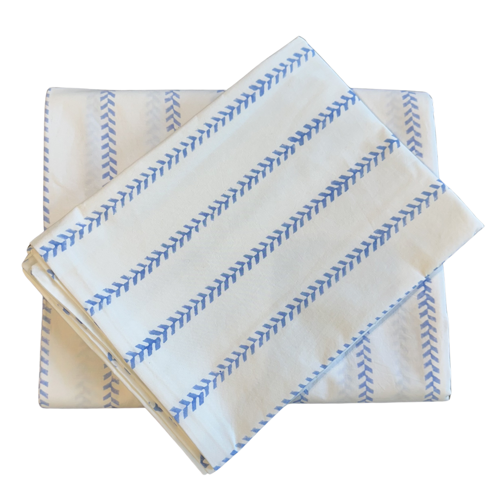 Cotton Percale Leaf Stripe Sheet Set -  Light Blue (Two Sizes Available)