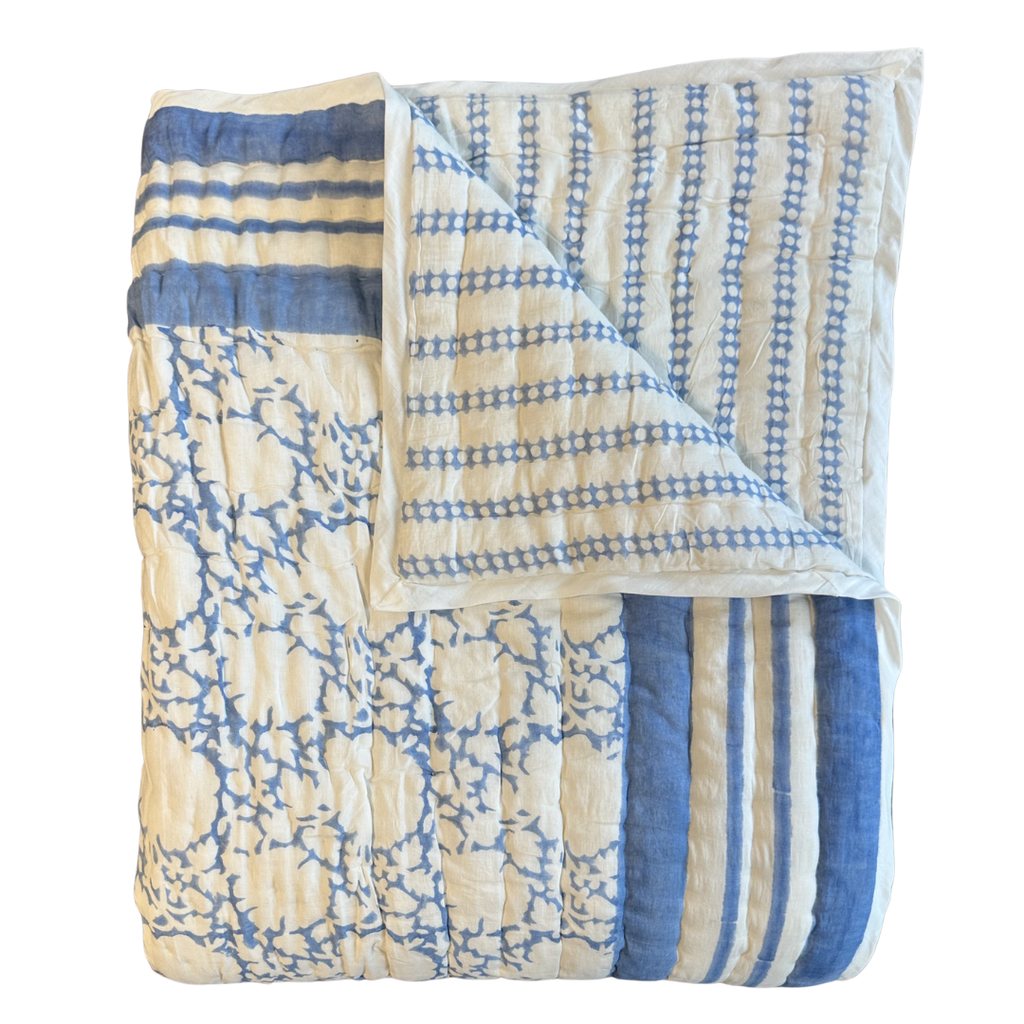 Block Print Peony Quilt -  Light Blue (Two Sizes Available)