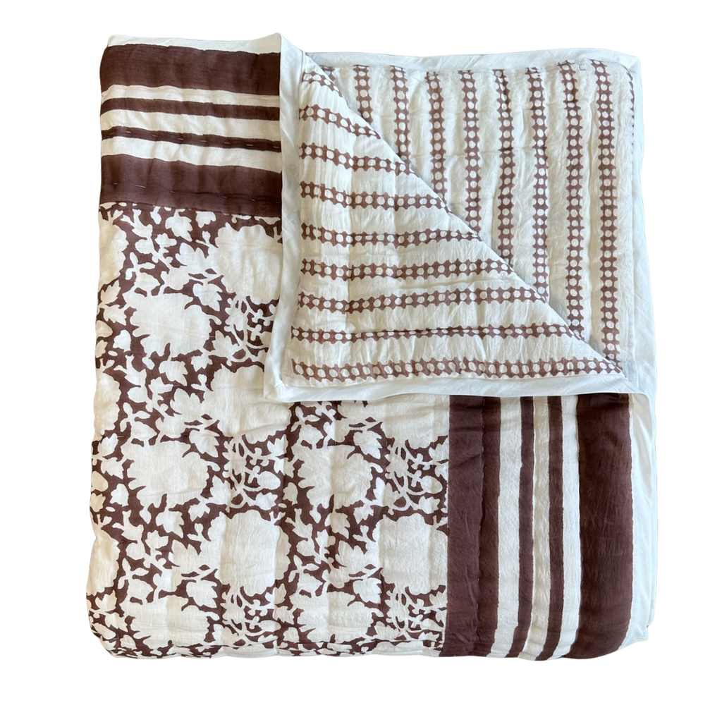 Block Print Peony Quilt - Mocha (Two Sizes Available)