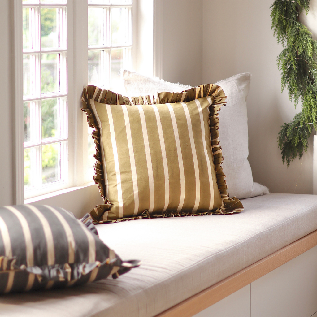Ruffle Wide Stripe Pillow - Olive (20" x 20")