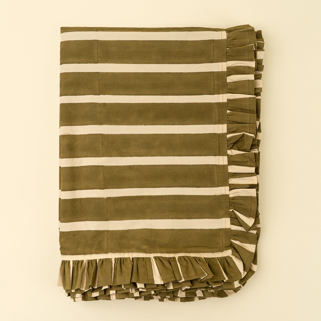 Ruffle Stripe Tablecloth - Olive (104" x 60")