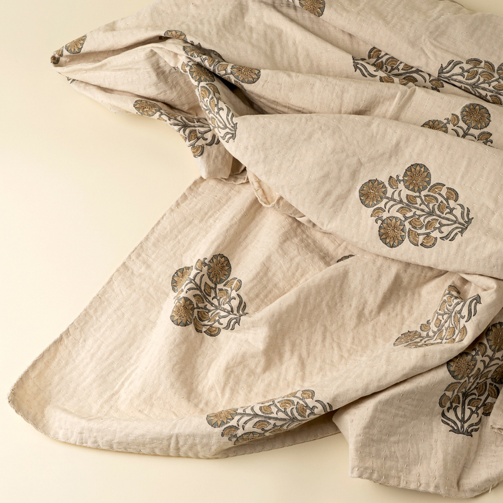 Senna Block Print Kantha Bed Blanket