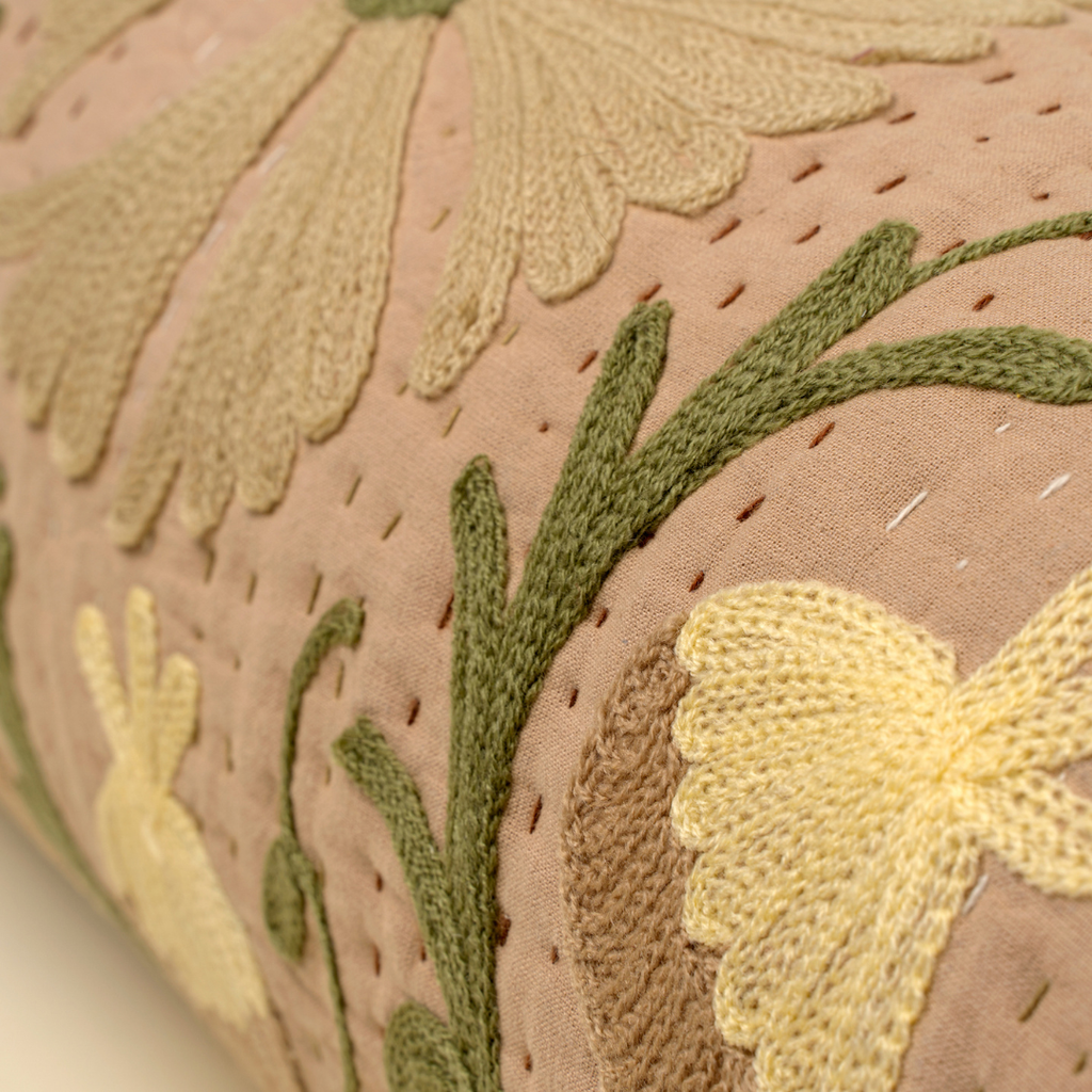 Suzani Embroidered Kantha Bolster Pillow - Beige