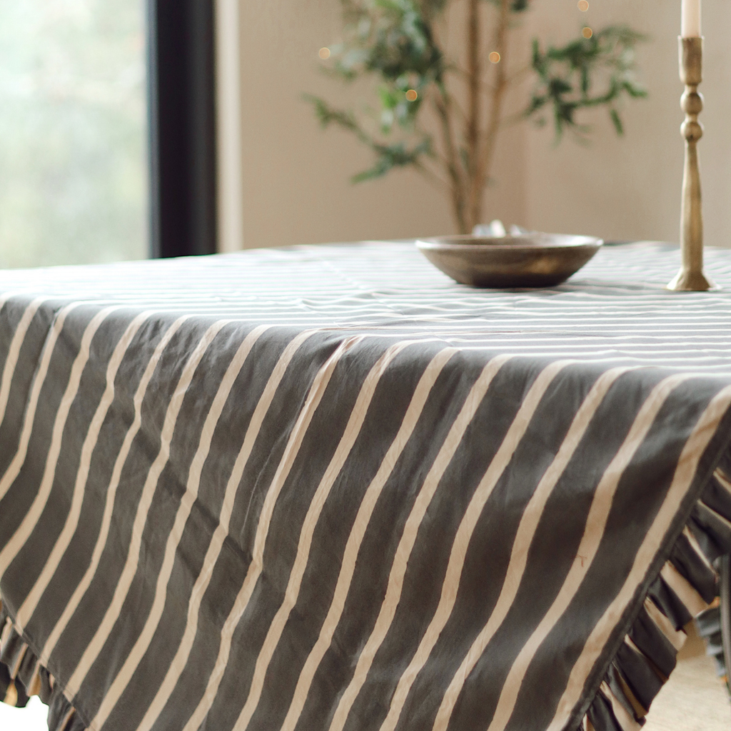 Ruffle Stripe Tablecloth - Charcoal (104" x 60")