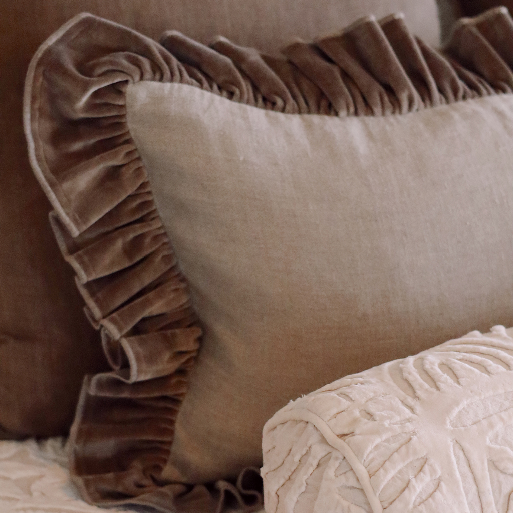 Velvet Ruffle Linen Bolster Pillow - Chocolate (15" x 42")