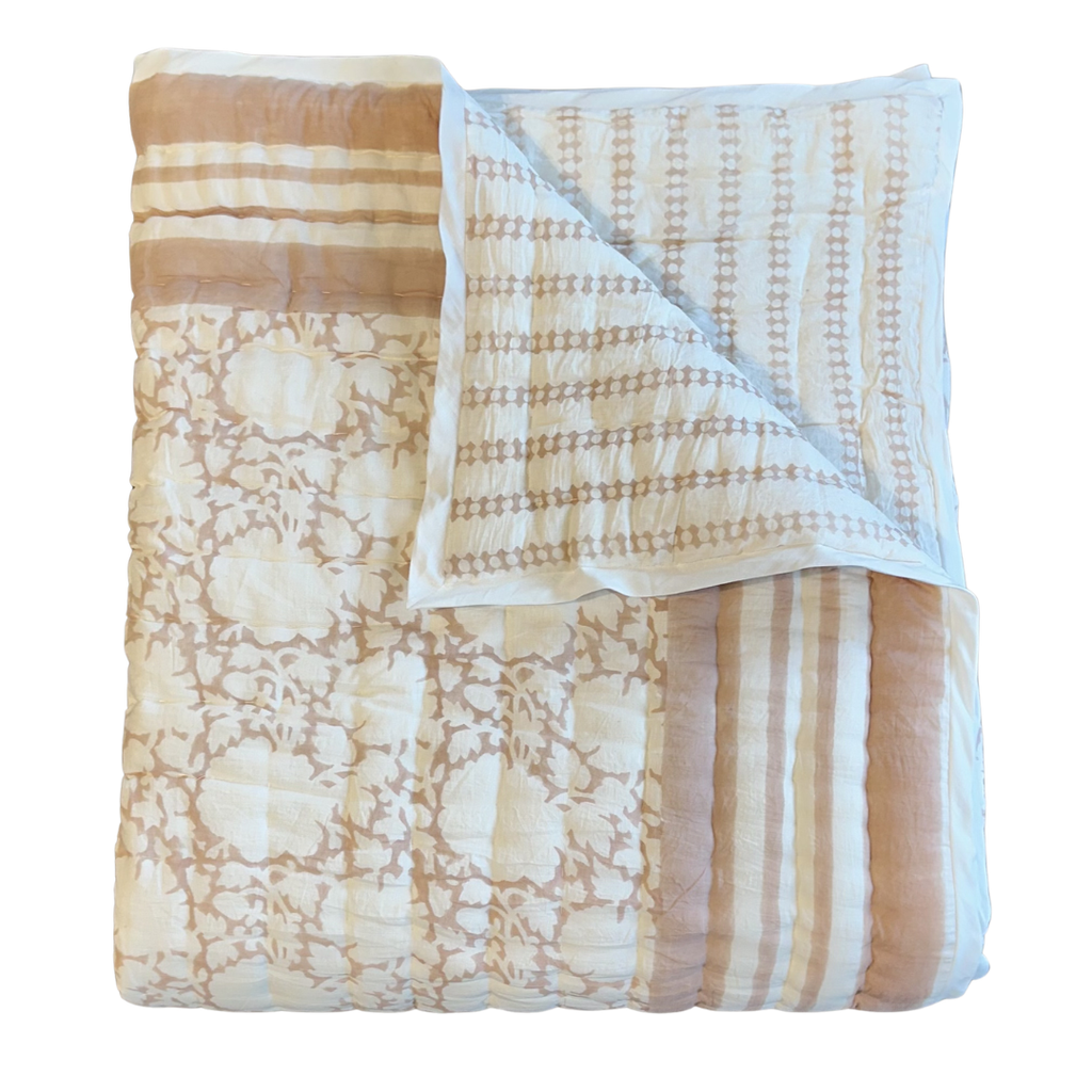 Block Print Peony Quilt - Plaster (Two Sizes Available)