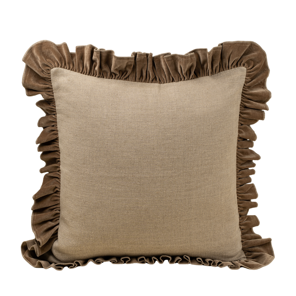 Velvet Ruffle Linen Pillow - Chocolate (24" x 24")