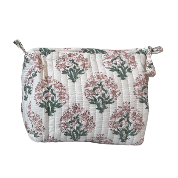 Block Print Pouch - Pink Floral (Two Sizes Available)