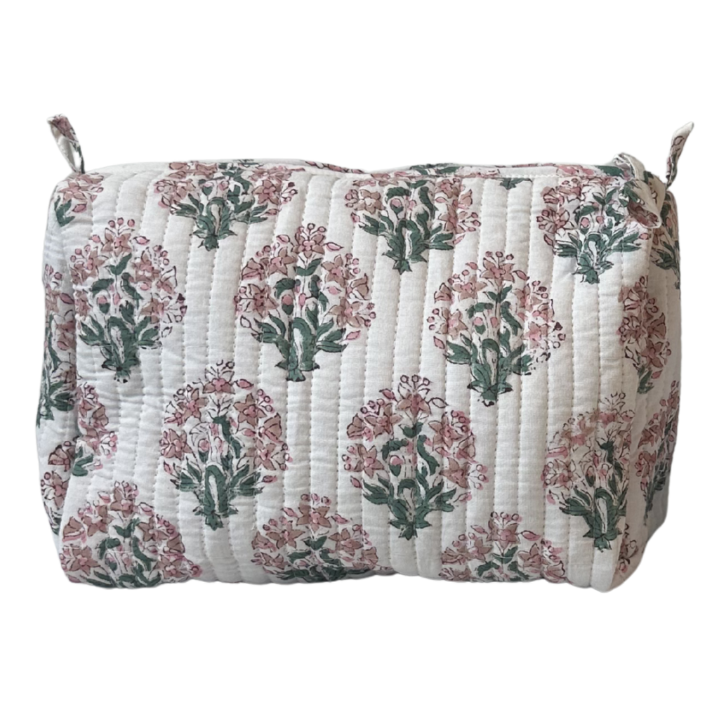 Block Print Pouch - Pink Floral (Two Sizes Available)