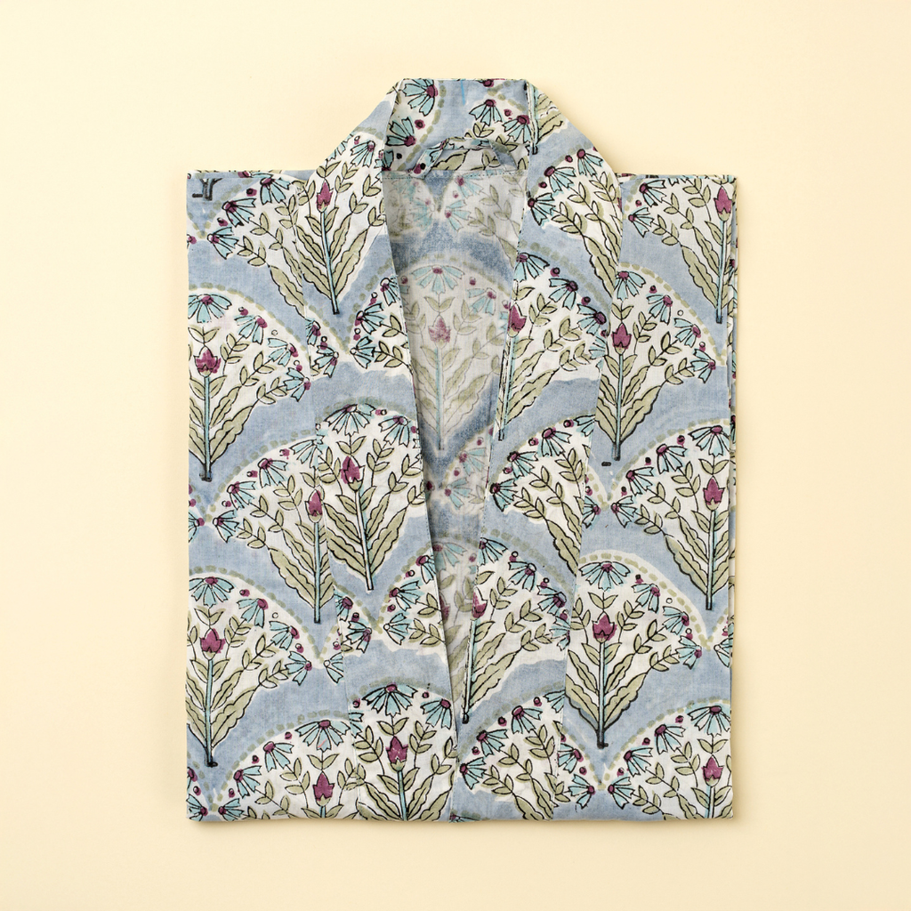 Sakura Block Print Kimono - Blue