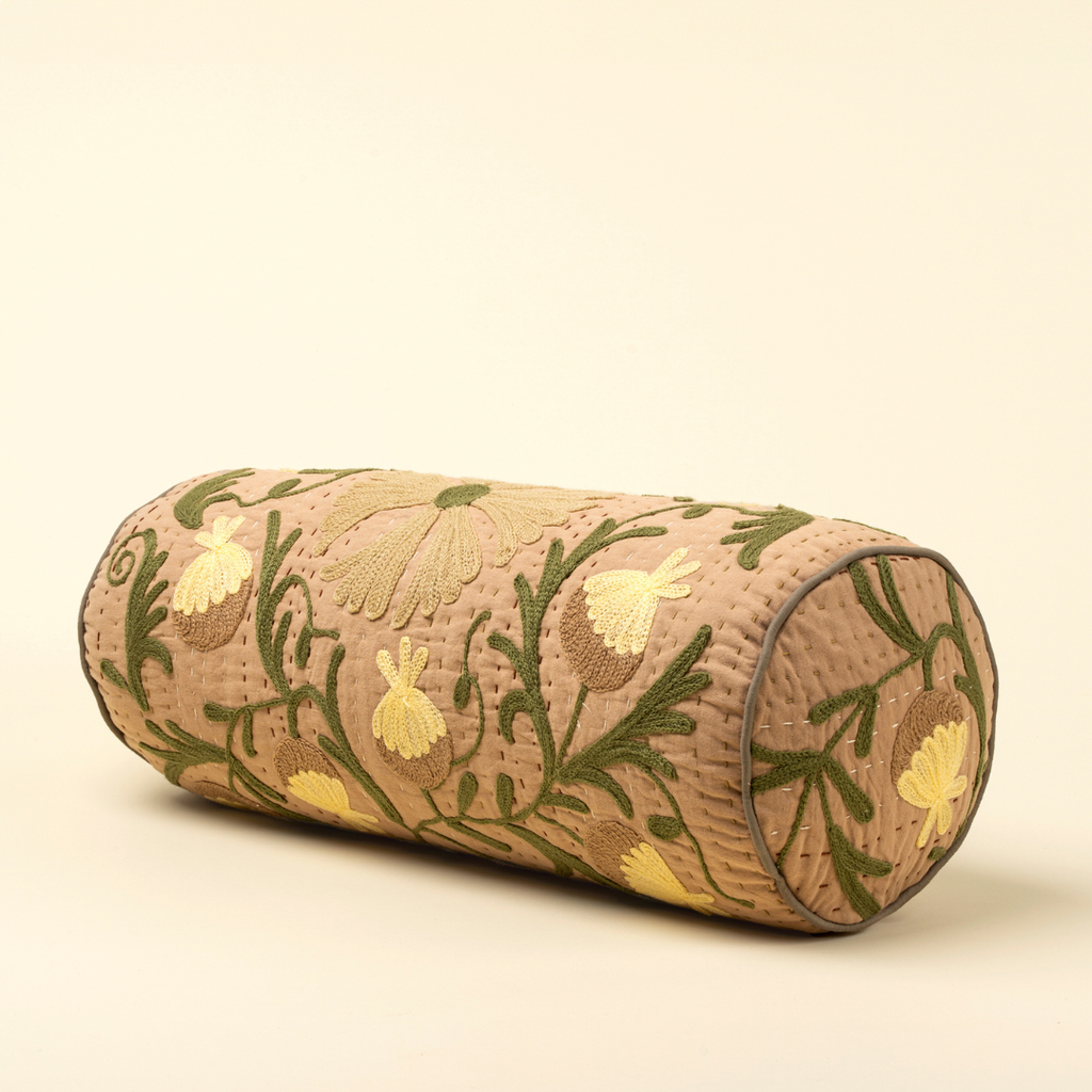 Suzani Embroidered Kantha Bolster Pillow - Beige