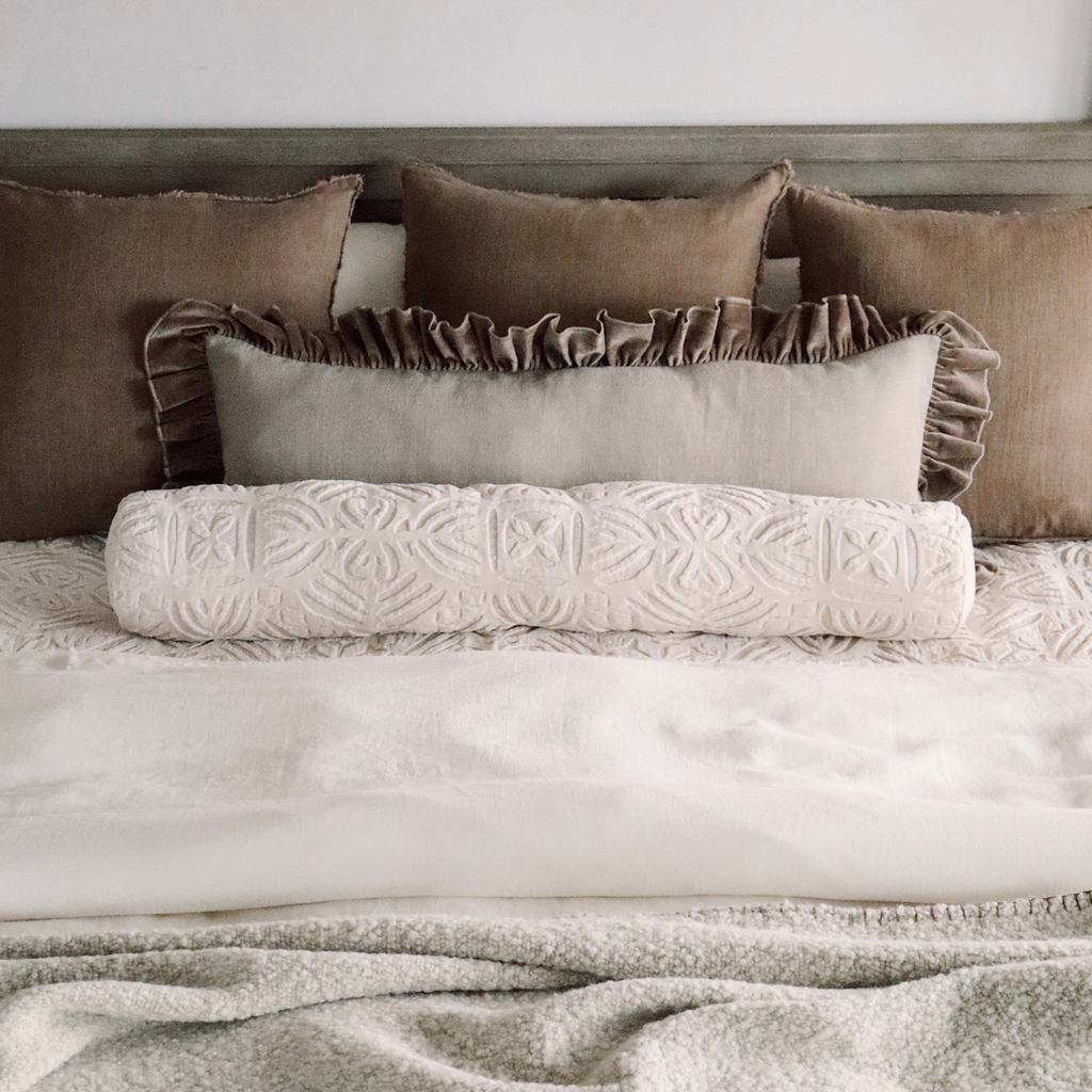 Velvet Ruffle Linen Bolster Pillow - Chocolate (15" x 42")
