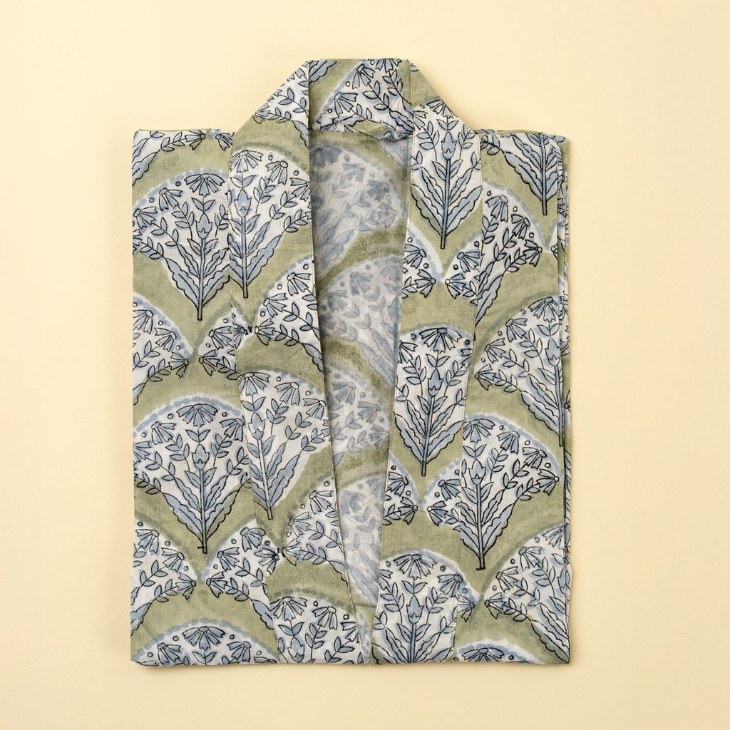 Sakura Block Print Kimono - Green