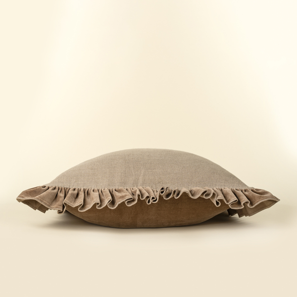 Velvet Ruffle Linen Pillow - Chocolate (24" x 24")