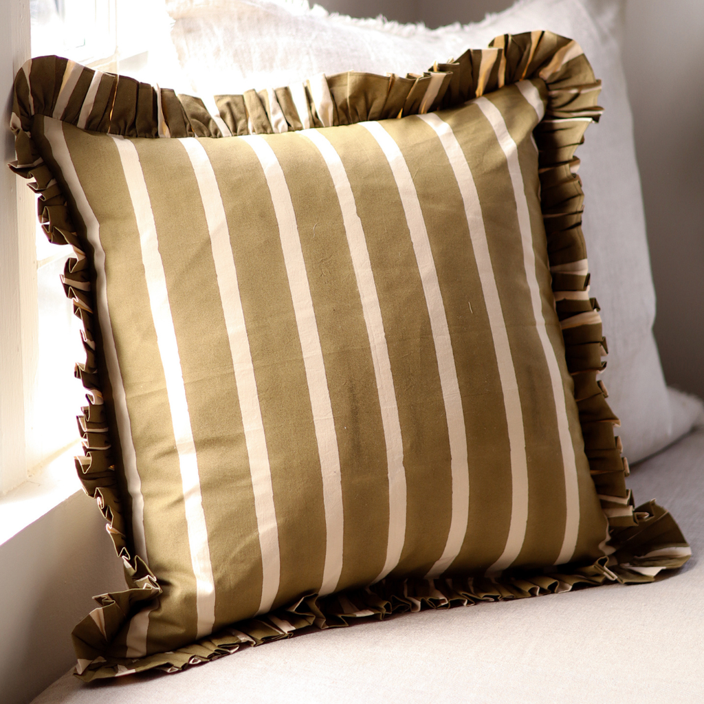 Ruffle Wide Stripe Pillow - Olive (20" x 20")
