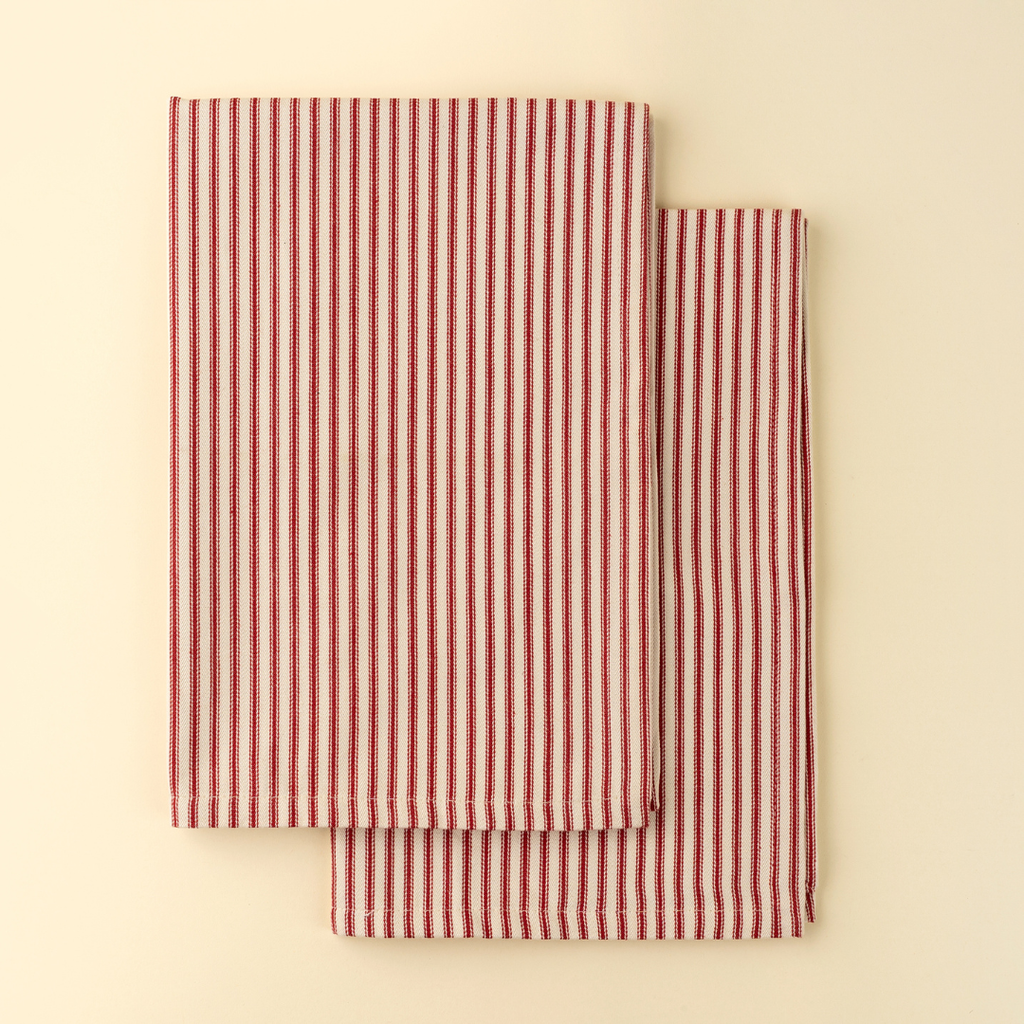 Ticking Stripe Tea Towel - Red (Sold Individually)