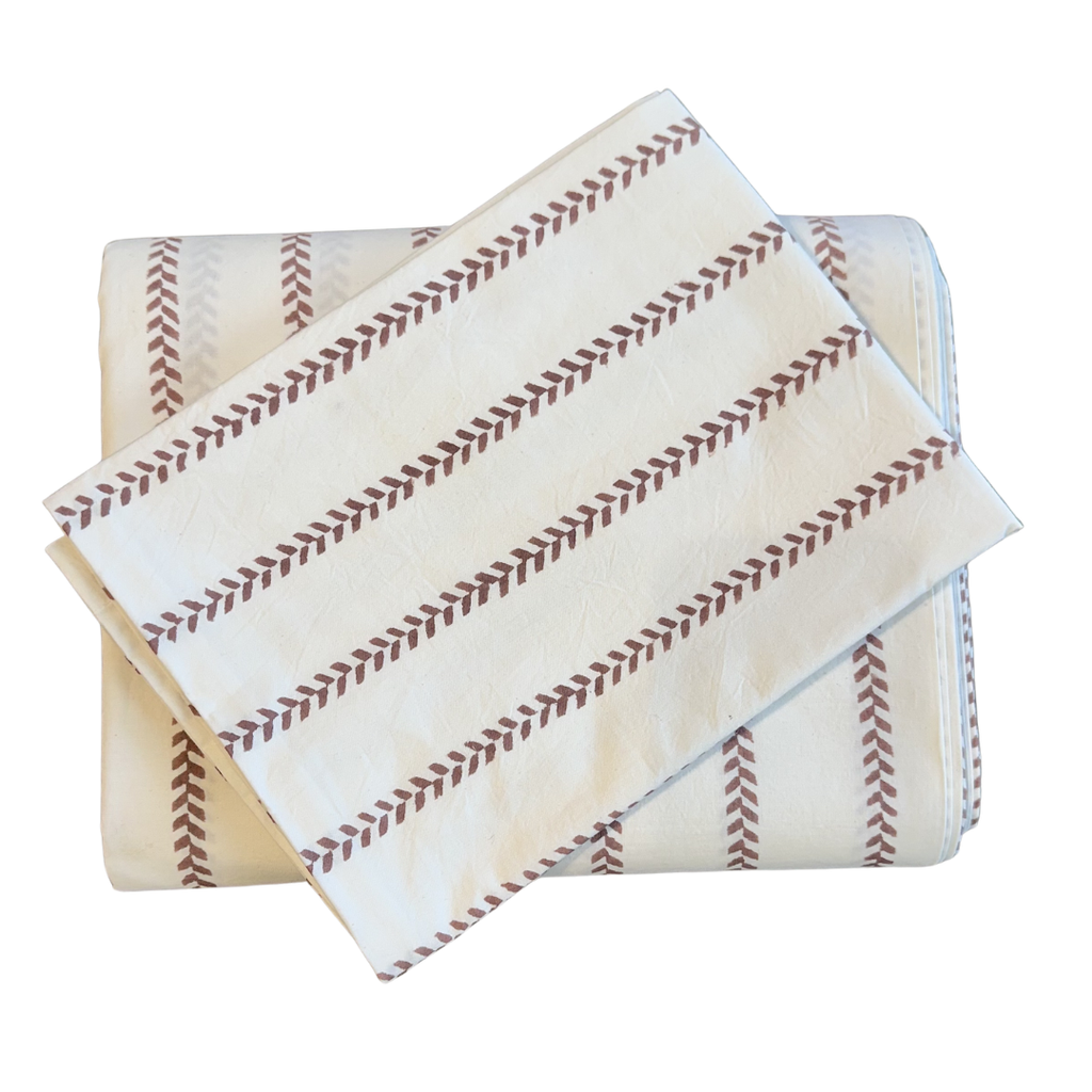 Cotton Percale Leaf Stripe Sheet Set -  Mocha (Two Sizes Available)