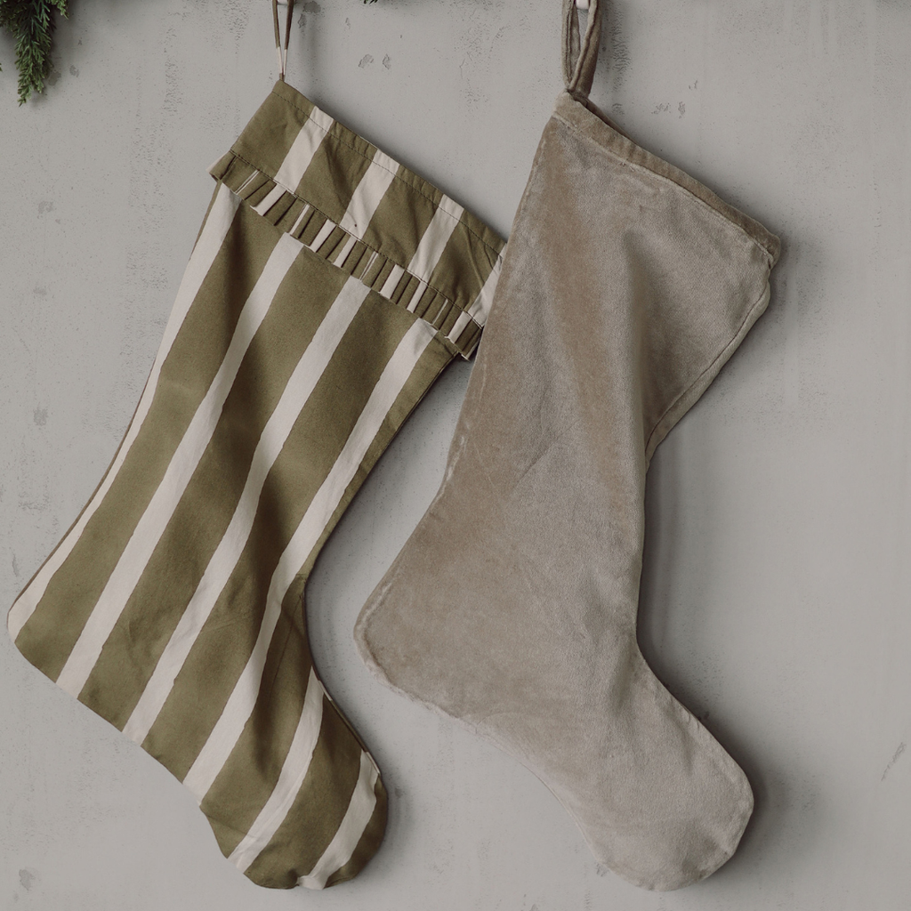 Striped Block Print Stocking - Olive
