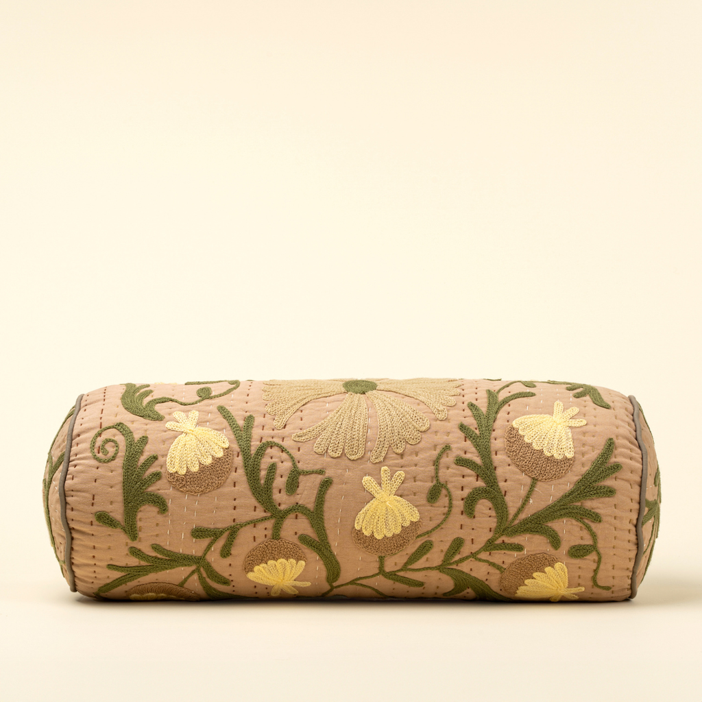 Suzani Embroidered Kantha Bolster Pillow - Beige