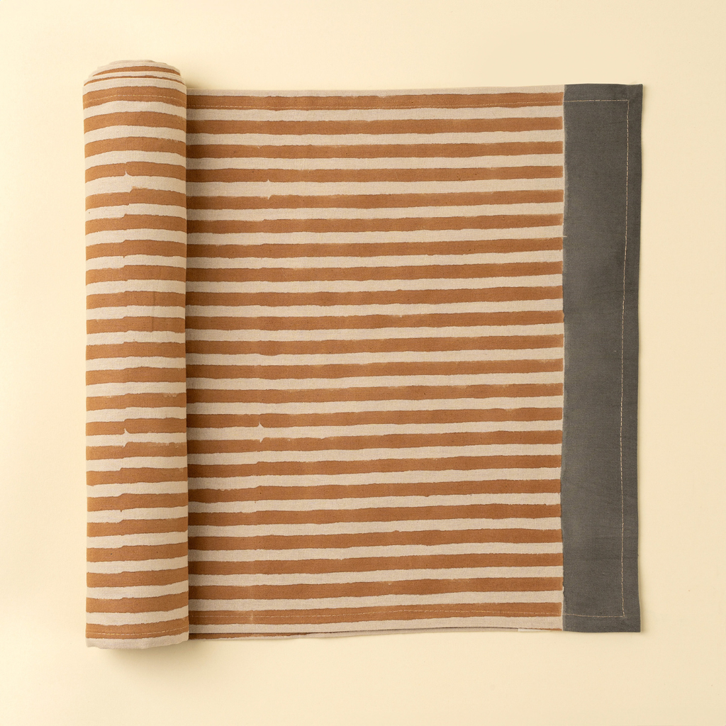 Terracotta Stripe Block Print Table Runner - 108"L