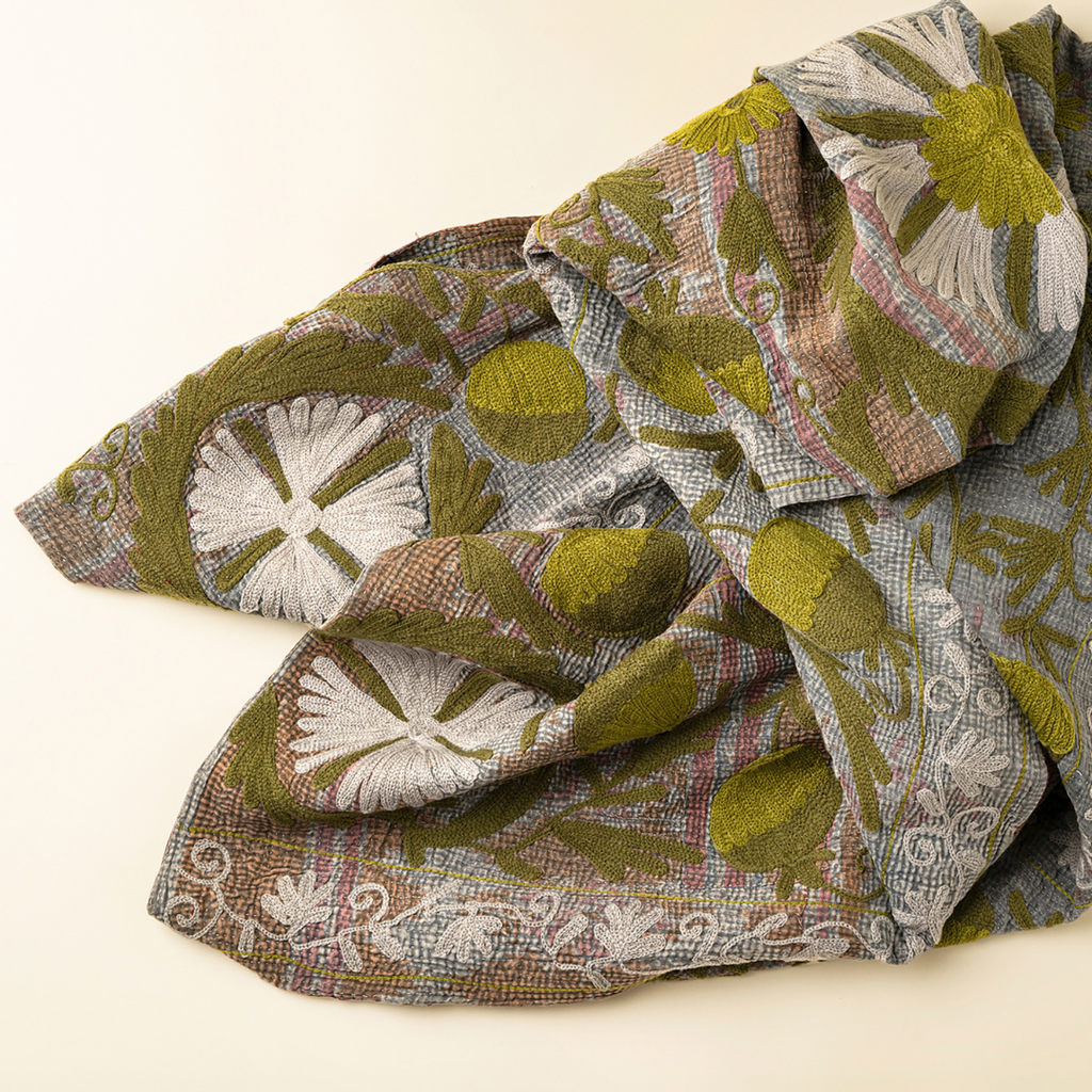 Vintage Embroidered Kantha Throw - Blue