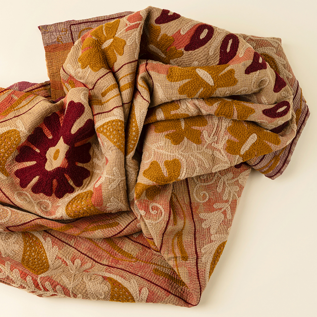 Vintage Embroidered Kantha Throw - Pink