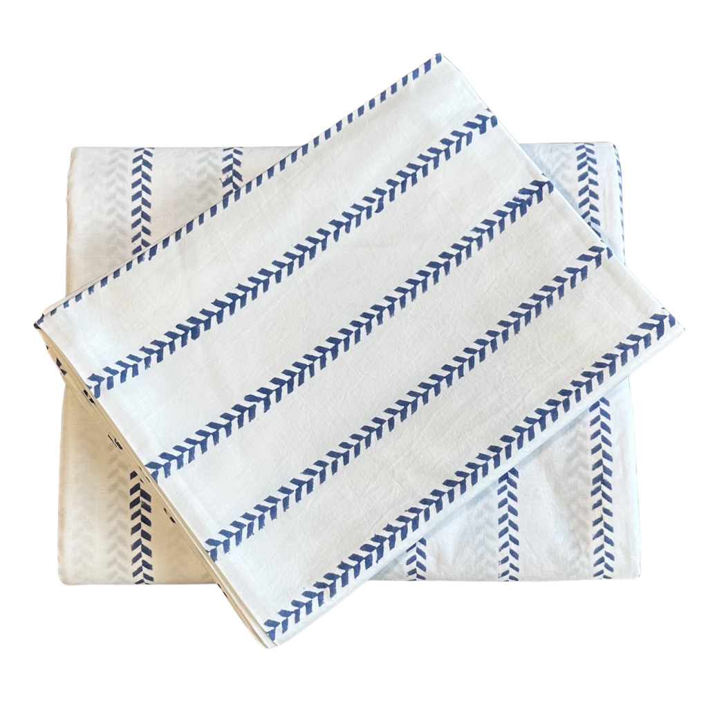 Cotton Percale Leaf Stripe Sheet Set -  Dark Blue (Two Sizes Available)
