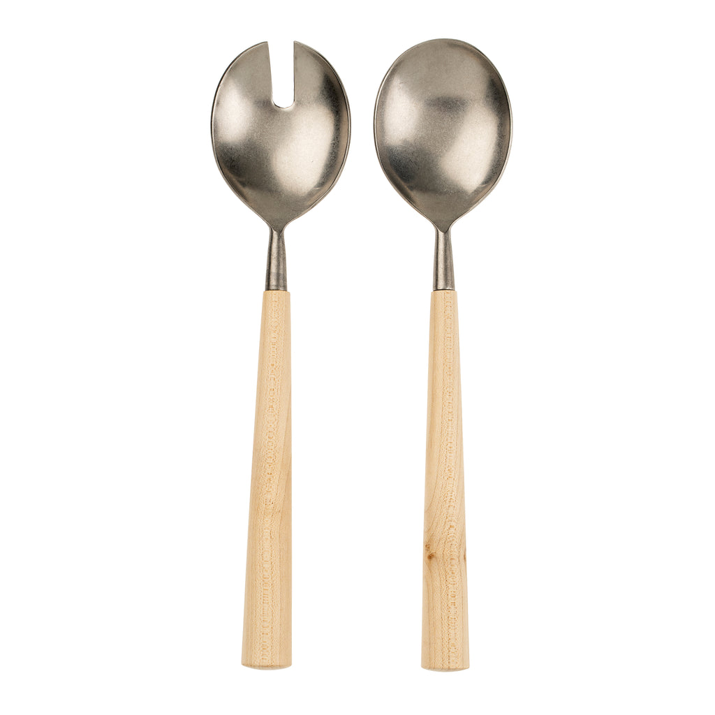 Maple Wood Salad Servers - Silver