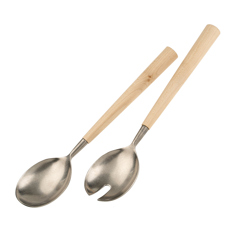 Maple Wood Salad Servers - Silver